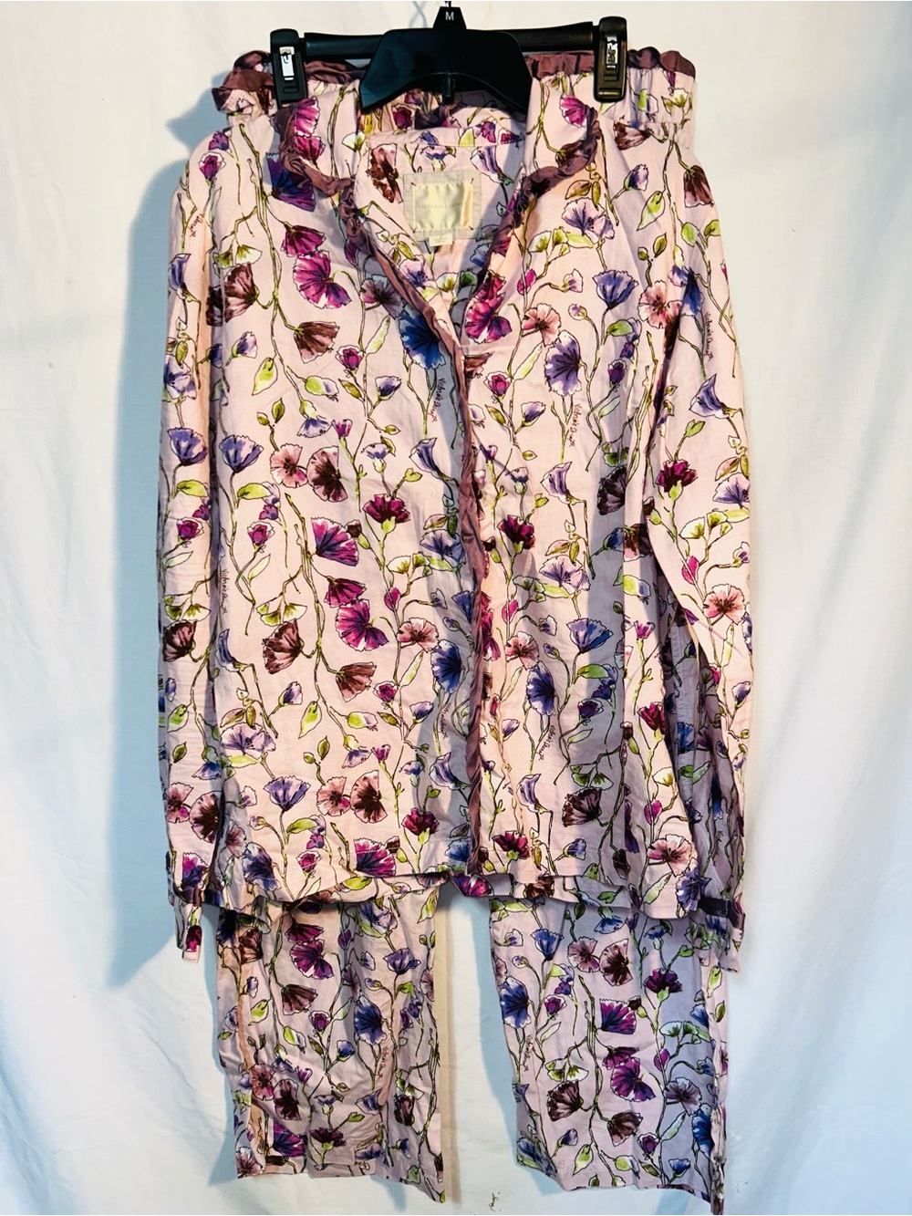 Victoria's Secret Cotton Floral Long-Sleeve Pajama Set Purple 100% Silk Trim